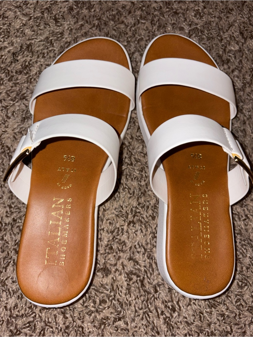 Italian Shoemakers White Double-Strap Slide Sandals with Gold Buckle